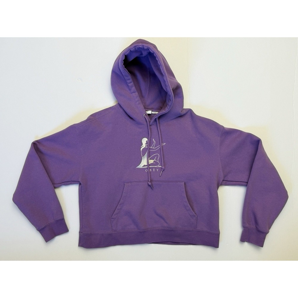Obey Womens Purple Embroidered Graphic Cropped Hoodie Sweatshirt Size M
